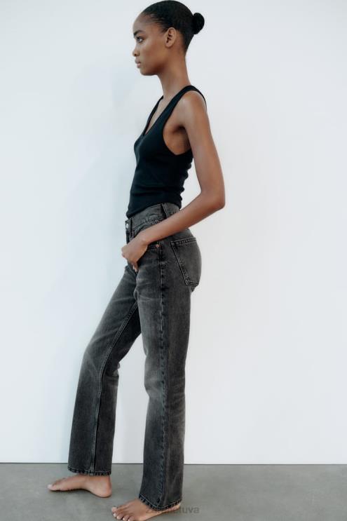 moterys Zara aukštai pakylantys, tiesių kojų džinsai antracito pilka apranga 4N488523