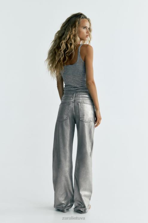 moterys Zara metaliniai trf vidutinio aukščio džinsai plačiomis kojomis sidabras apranga 4N488522
