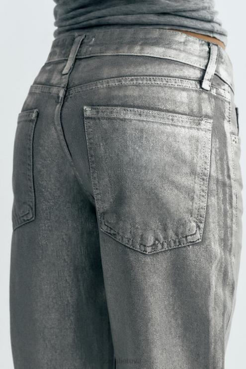 moterys Zara metaliniai trf vidutinio aukščio džinsai plačiomis kojomis sidabras apranga 4N488522