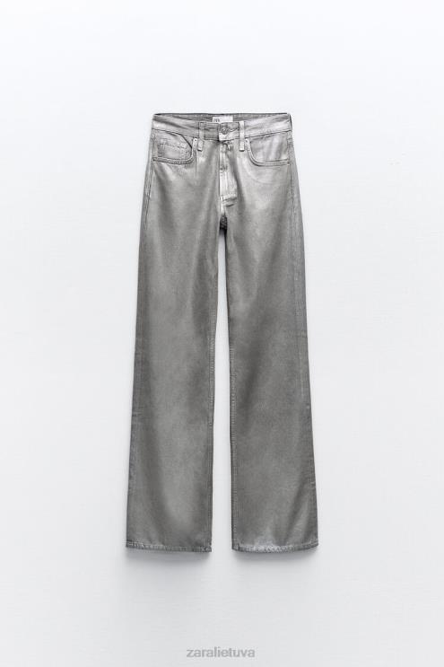 moterys Zara metaliniai trf vidutinio aukščio džinsai plačiomis kojomis sidabras apranga 4N488522