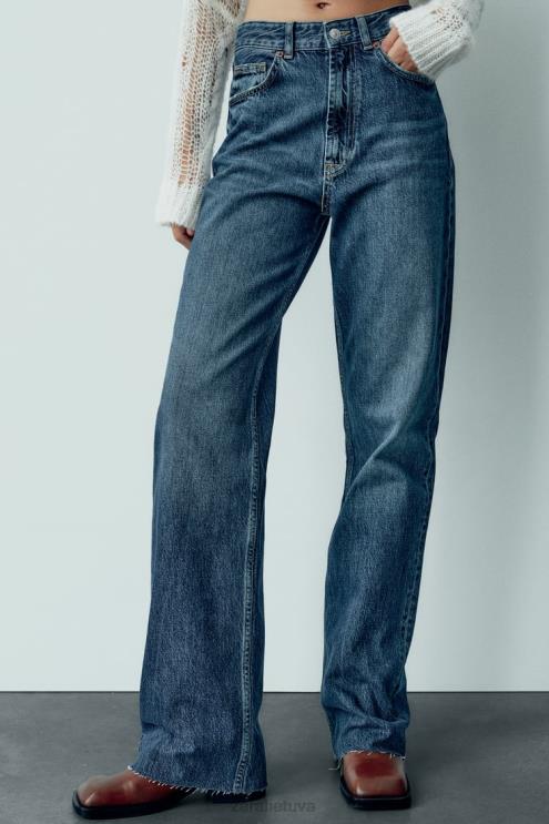 moterys Zara trf aukšti džinsai plačiomis kojomis tamsiai mėlyna apranga 4N488504