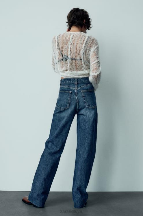 moterys Zara trf aukšti džinsai plačiomis kojomis tamsiai mėlyna apranga 4N488504