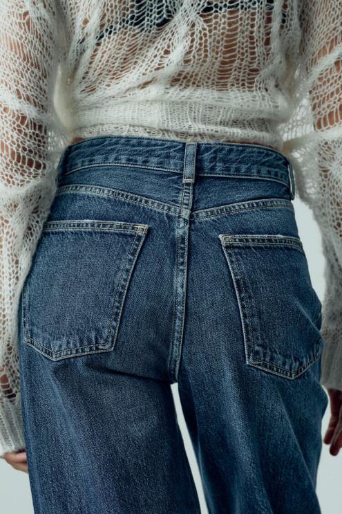 moterys Zara trf aukšti džinsai plačiomis kojomis tamsiai mėlyna apranga 4N488504