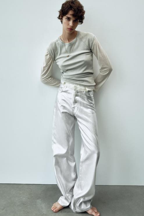 moterys Zara trf metaliniai aukšti džinsai baltas apranga 4N488520