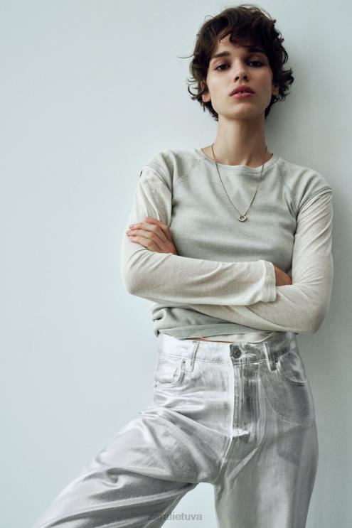 moterys Zara trf metaliniai aukšti džinsai baltas apranga 4N488520