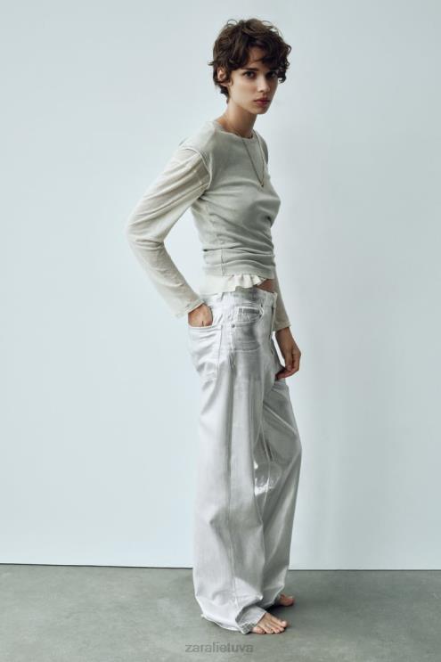 moterys Zara trf metaliniai aukšti džinsai baltas apranga 4N488520