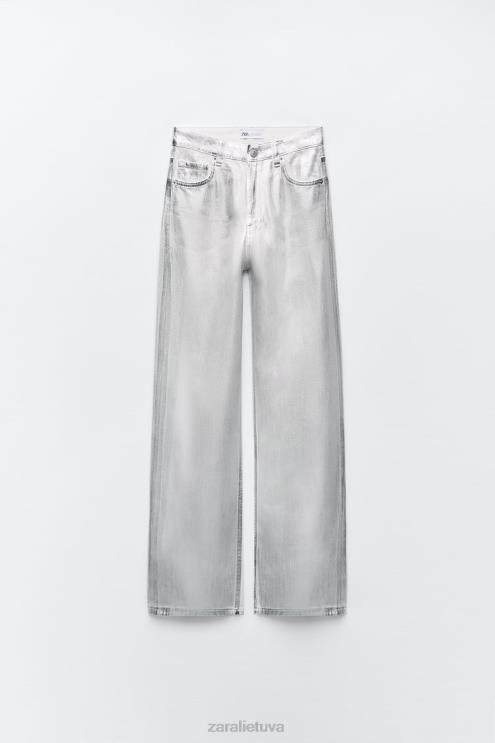 moterys Zara trf metaliniai aukšti džinsai baltas apranga 4N488520