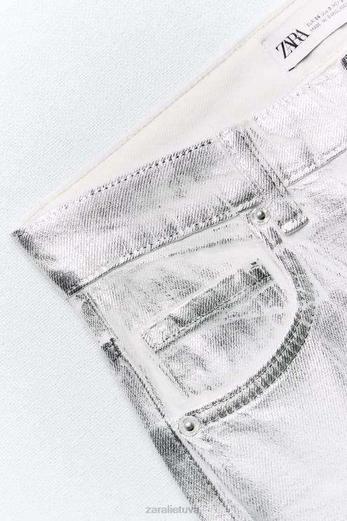 moterys Zara trf metaliniai aukšti džinsai baltas apranga 4N488520