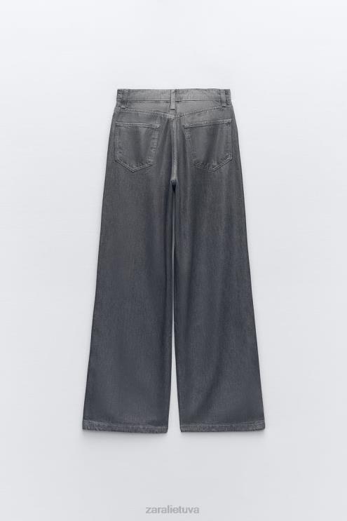 moterys Zara z1975 aukšti, tiesaus kirpimo metaliniai džinsai pilka apranga 4N488509