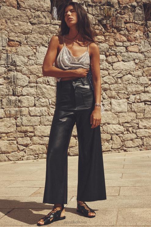 moterys Zara dirbtinės odos zw marine tiesios kelnės aukštu juosmeniu juodas apranga 4N488491