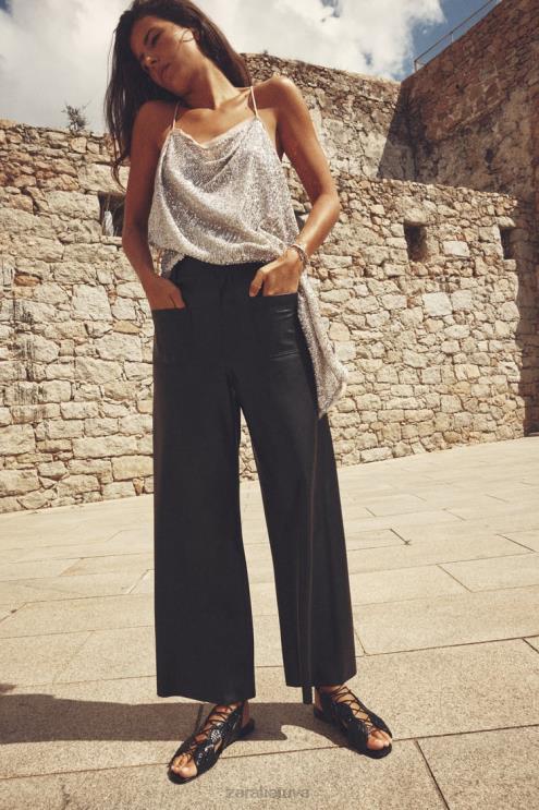 moterys Zara dirbtinės odos zw marine tiesios kelnės aukštu juosmeniu juodas apranga 4N488491