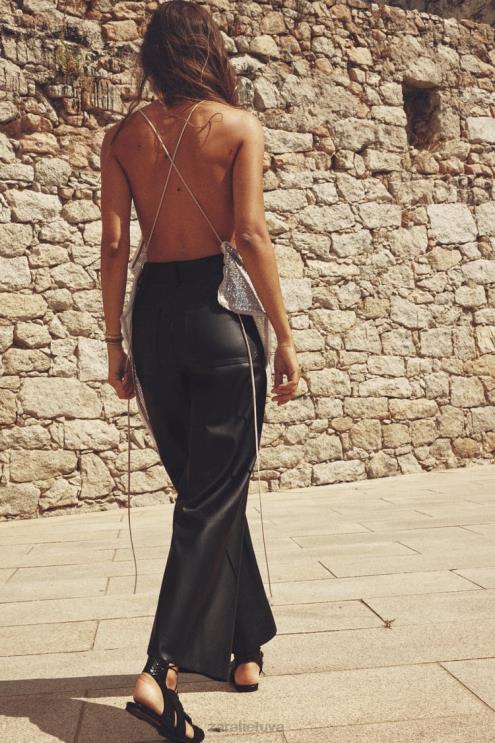 moterys Zara dirbtinės odos zw marine tiesios kelnės aukštu juosmeniu juodas apranga 4N488491