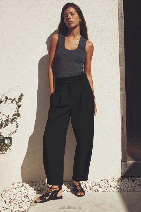 moterys Zara klostuotos siaurėjančios kelnės juodas apranga 4N488874