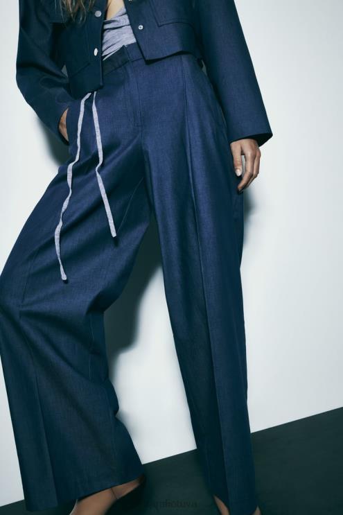 moterys Zara plačios kelnės su smiginiu indigo apranga 4N488493