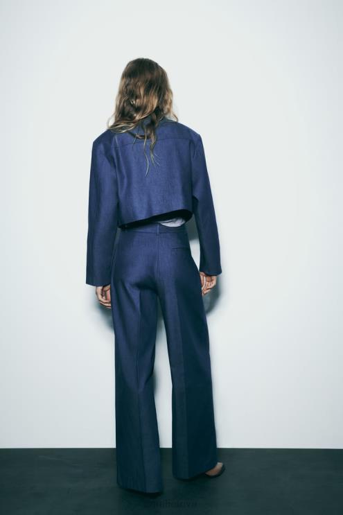 moterys Zara plačios kelnės su smiginiu indigo apranga 4N488493