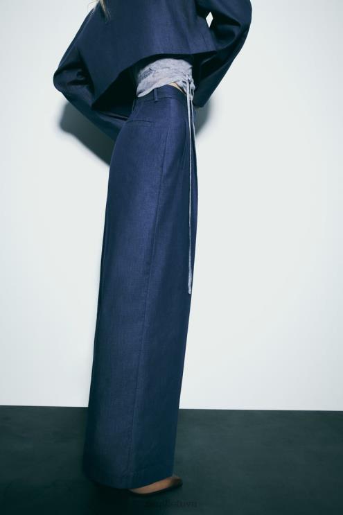 moterys Zara plačios kelnės su smiginiu indigo apranga 4N488493
