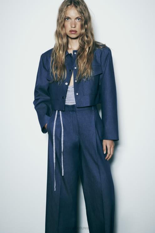 moterys Zara plačios kelnės su smiginiu indigo apranga 4N488493