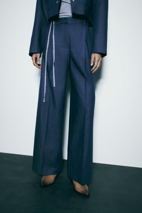 moterys Zara plačios kelnės su smiginiu indigo apranga 4N488493