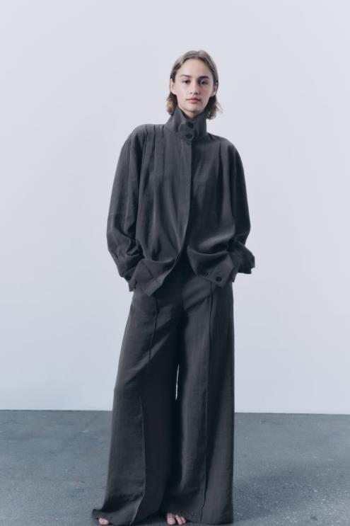 moterys Zara plačios klostuotos kelnės pilka apranga 4N488832