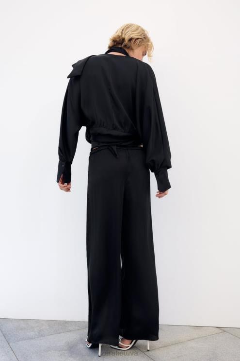 moterys Zara plačios satino kelnės juodas apranga 4N488834