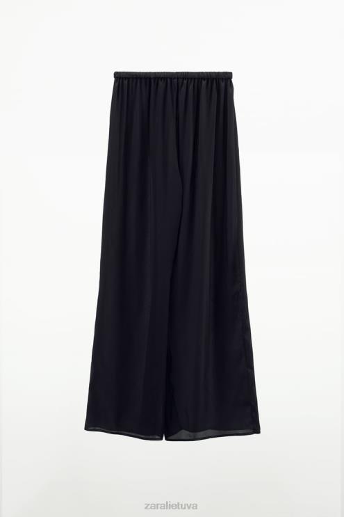 moterys Zara plačios satino kelnės juodas apranga 4N488834