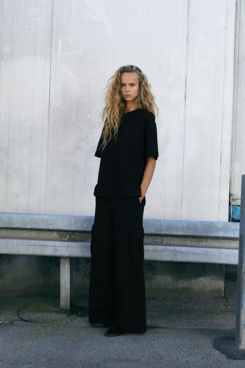 moterys Zara pliušinės krovininės kelnės juodas apranga 4N488489