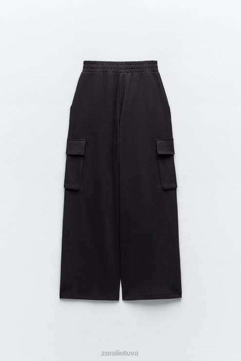 moterys Zara pliušinės krovininės kelnės juodas apranga 4N488489