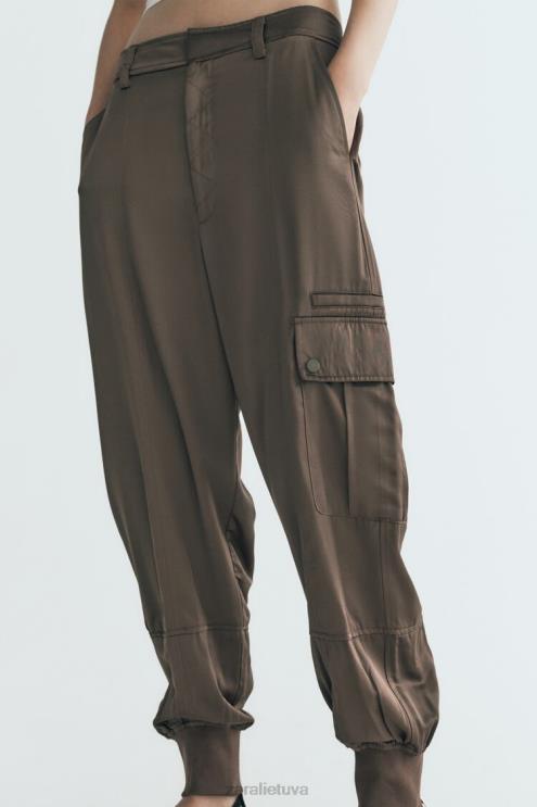 moterys Zara satino efekto bėgimo kelnės chaki apranga 4N488494