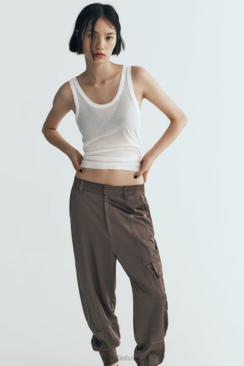 moterys Zara satino efekto bėgimo kelnės chaki apranga 4N488494