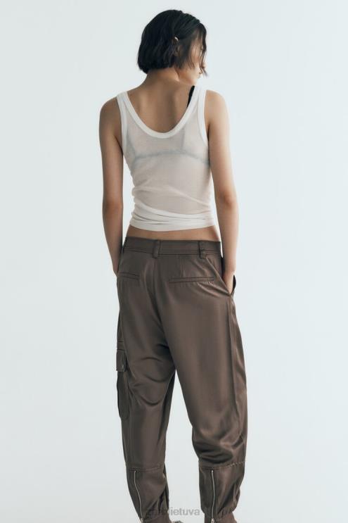moterys Zara satino efekto bėgimo kelnės chaki apranga 4N488494
