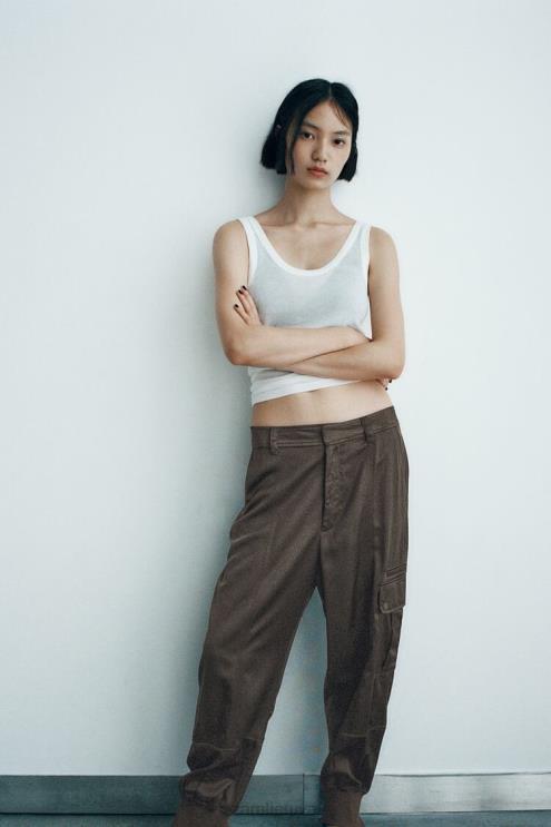 moterys Zara satino efekto bėgimo kelnės chaki apranga 4N488494