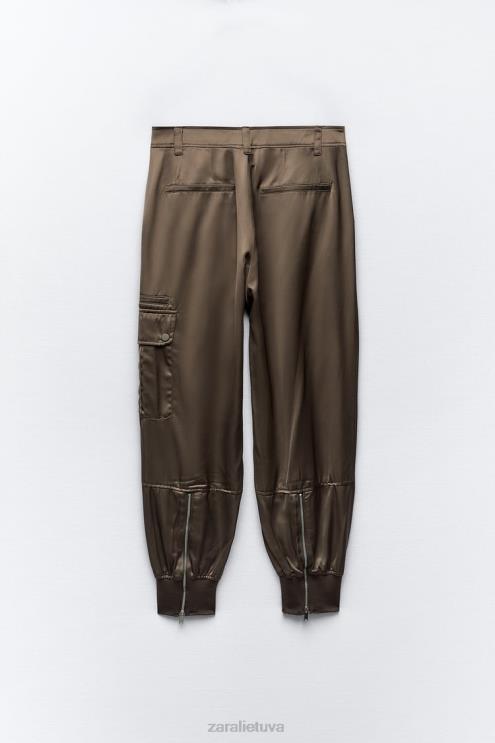 moterys Zara satino efekto bėgimo kelnės chaki apranga 4N488494