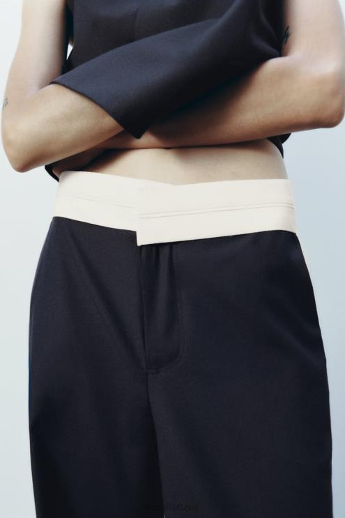 moterys Zara zw kolekcijos kontrastingos juosmens tiesios kelnės tamsiai mėlyna apranga 4N488483