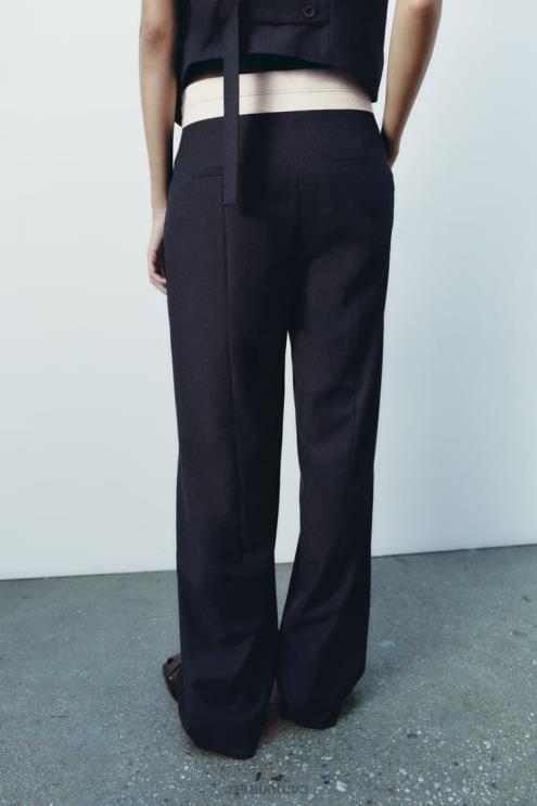 moterys Zara zw kolekcijos kontrastingos juosmens tiesios kelnės tamsiai mėlyna apranga 4N488483