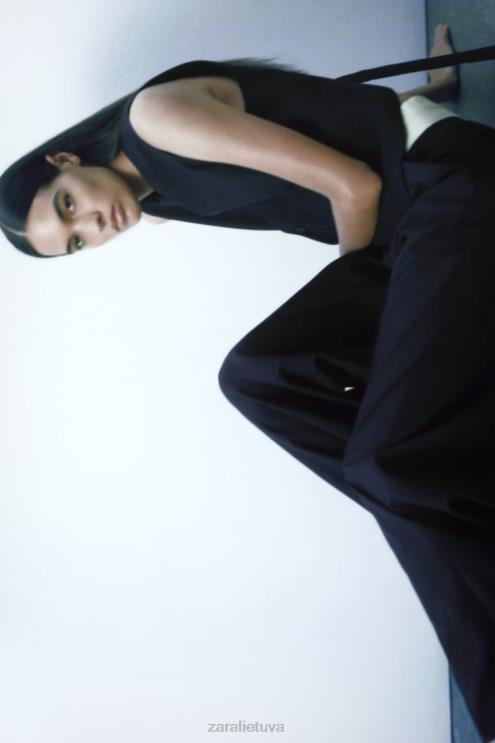 moterys Zara zw kolekcijos kontrastingos juosmens tiesios kelnės tamsiai mėlyna apranga 4N488483