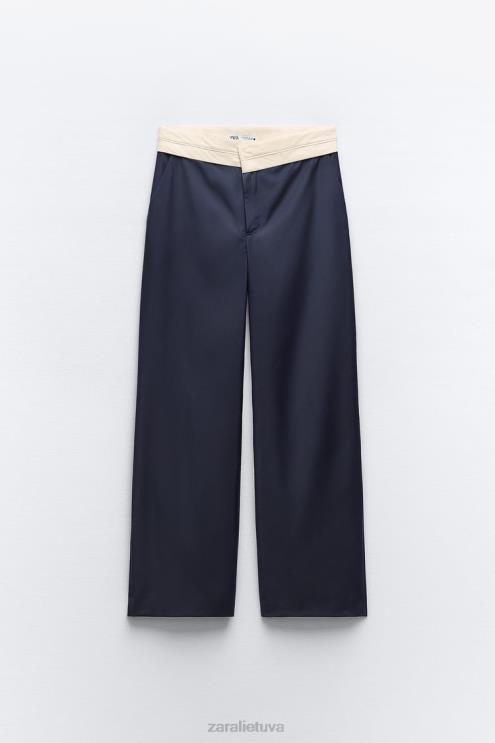 moterys Zara zw kolekcijos kontrastingos juosmens tiesios kelnės tamsiai mėlyna apranga 4N488483