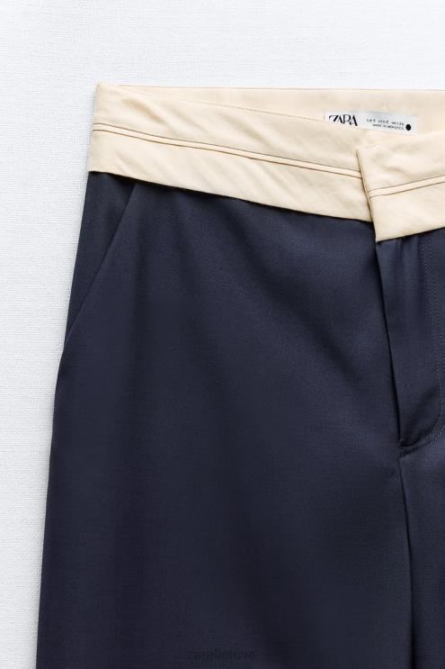 moterys Zara zw kolekcijos kontrastingos juosmens tiesios kelnės tamsiai mėlyna apranga 4N488483