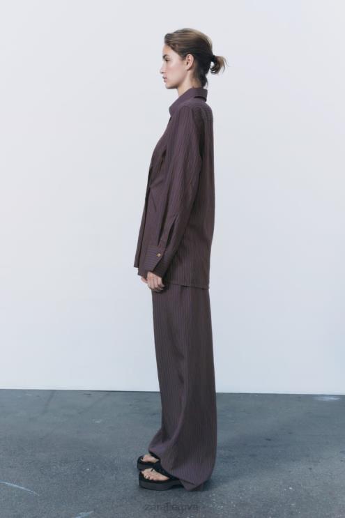 moterys Zara zw kolekcijos minimalistinės dryžuotos plačios kelnės ruda/mėlyna apranga 4N488496