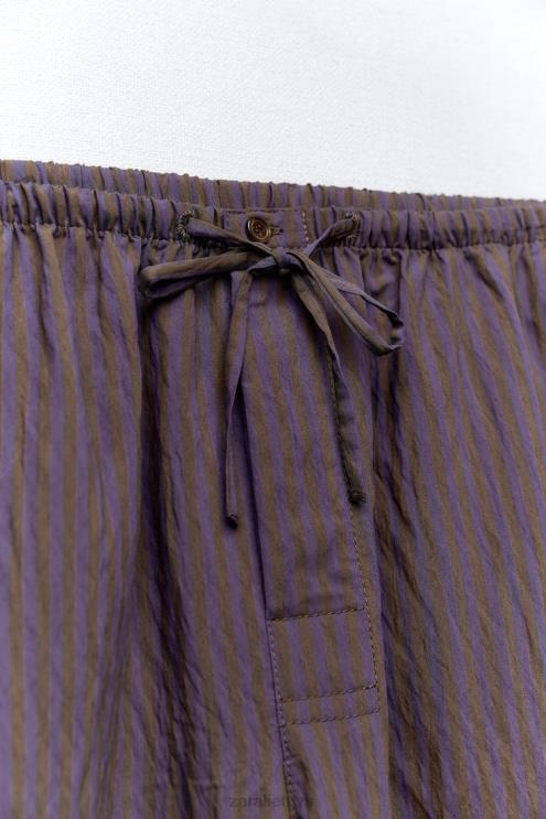 moterys Zara zw kolekcijos minimalistinės dryžuotos plačios kelnės ruda/mėlyna apranga 4N488496