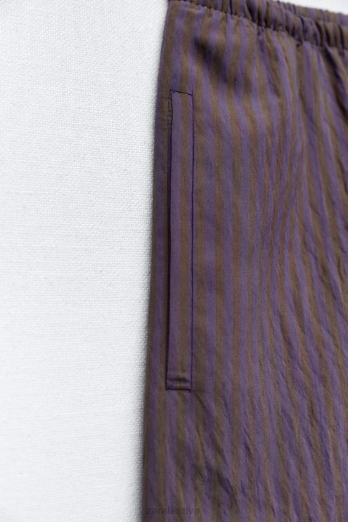 moterys Zara zw kolekcijos minimalistinės dryžuotos plačios kelnės ruda/mėlyna apranga 4N488496