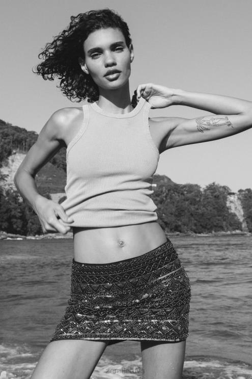 moterys Zara blizgus mini sijonas juodas apranga 4N488725