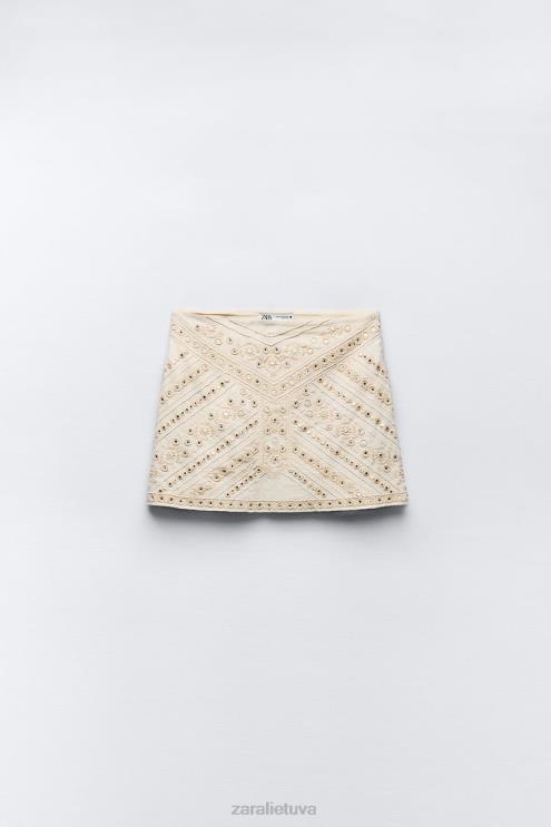 moterys Zara išsiuvinėtas mini sijonas ekru apranga 4N488711
