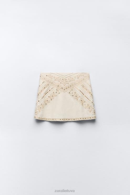 moterys Zara išsiuvinėtas mini sijonas ekru apranga 4N488711