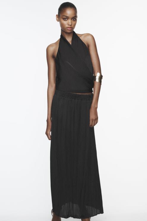 moterys Zara ilgas raukšlių efekto sijonas juodas apranga 4N488694