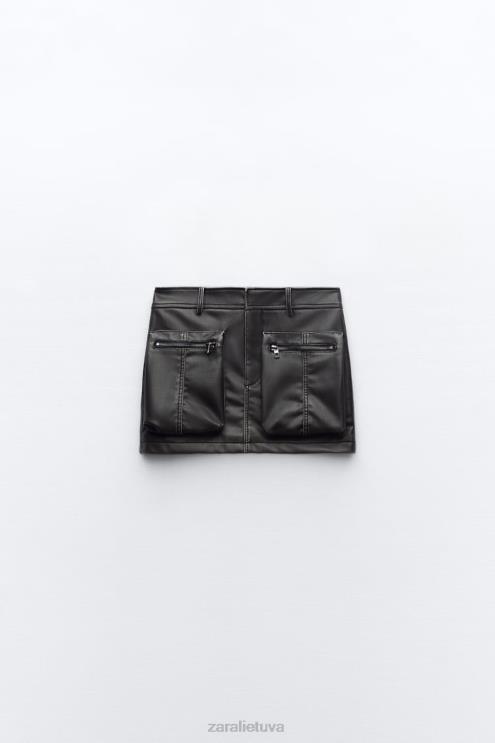 moterys Zara kišeninis dirbtinės odos sijonas juodas apranga 4N488662