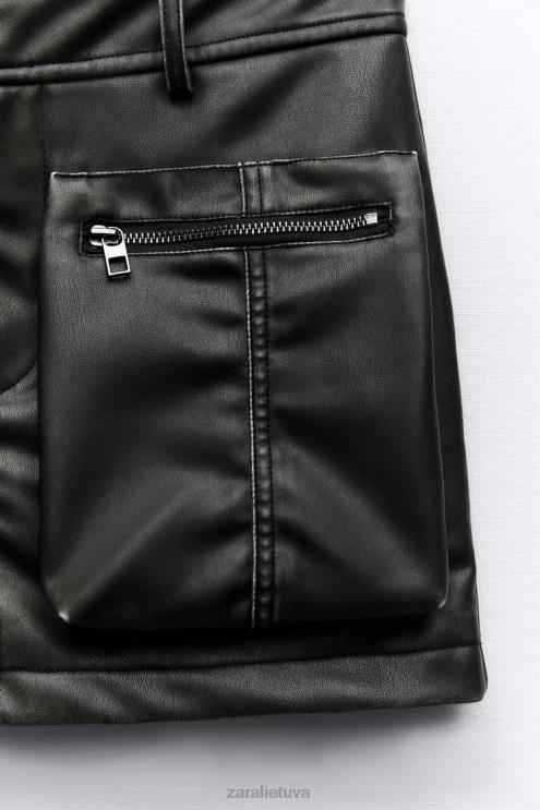 moterys Zara kišeninis dirbtinės odos sijonas juodas apranga 4N488662