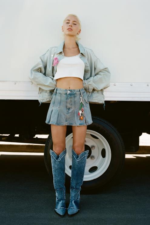 moterys Zara klostuotas TRF džinsinis sijonas mėlyna apranga 4N488716