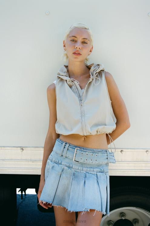 moterys Zara klostuotas TRF džinsinis sijonas šviesiai mėlynas apranga 4N488683