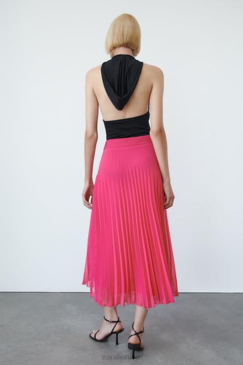 moterys Zara klostuotas midi sijonas fuksija apranga 4N488697