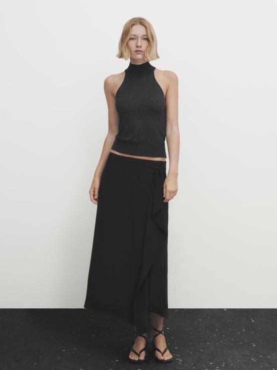 moterys Zara kontrastingai krentantis midi sijonas juodas apranga 4N488844